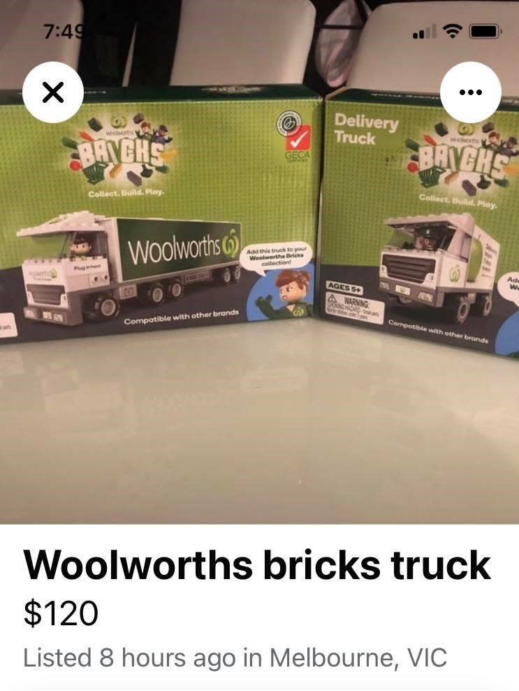 Boxes of Woolworths Bricks trucks for sale for $120. Source: Facebook