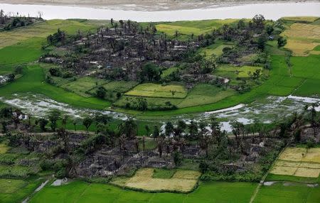 FILE PHOTO - Aerial view of a burned Rohingya village near Maungdaw, north of Rakhine State, Myanmar, September 27, 2017. REUTERS/Soe Zeya Tun/File Photo