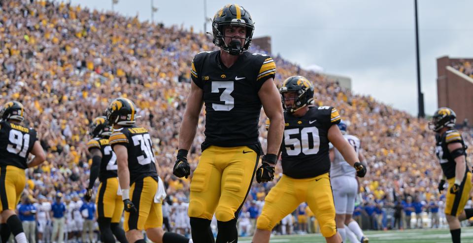 Iowa defensive back Cooper DeJean reacts after the Hawkeyes score on a safety against South Dakota State.