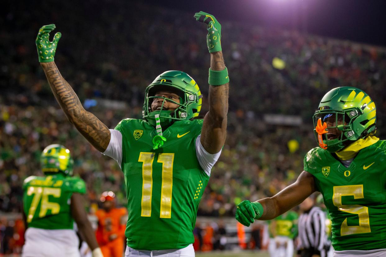 Oregon wide receiver Troy Franklin celebrates a touchdown as the No. 6 Oregon Ducks take on the No. 16 Oregon State Beavers Friday, Nov. 24, 2023, at Autzen Stadium in Eugene, Ore.