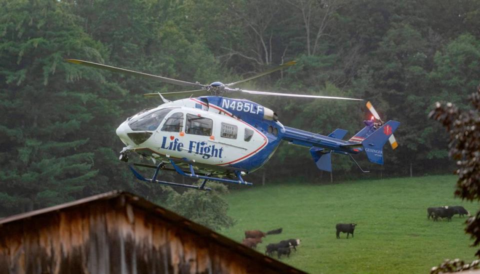 A patient is taken by the Life Flight helicopter from an incident in Union Township on Tuesday, Aug. 8, 2023.