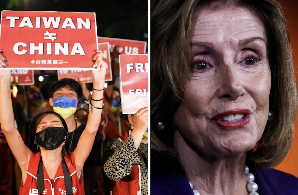 Demonstrators hold signs on 2 August 2022 in support of US House Speaker Nancy Pelosi's expected visit to Taiwan. (PHOTOS: Reuters)