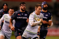 Rugby Union - Premiership - Sale Sharks vs Saracens - AJ Bell Stadium, Salford, Britain - February 16, 2018 Saracens' Liam Williams runs through to score his sides first try Action Images/Jason Cairnduff