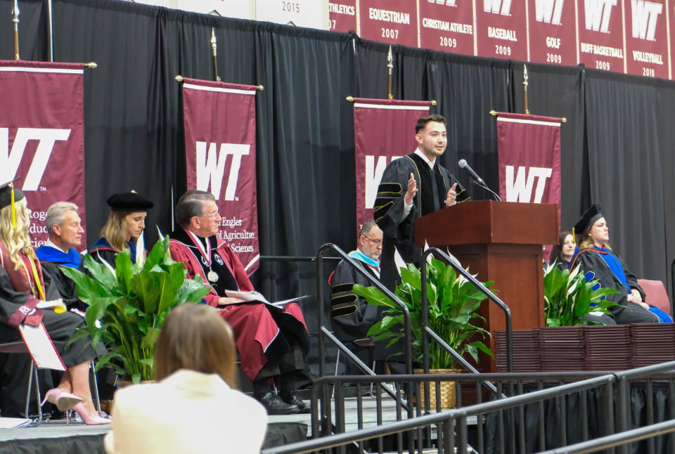 Filiberto Avila, student body president addresses the crowd Saturday at the WT Commencement Ceremony in Canyon.