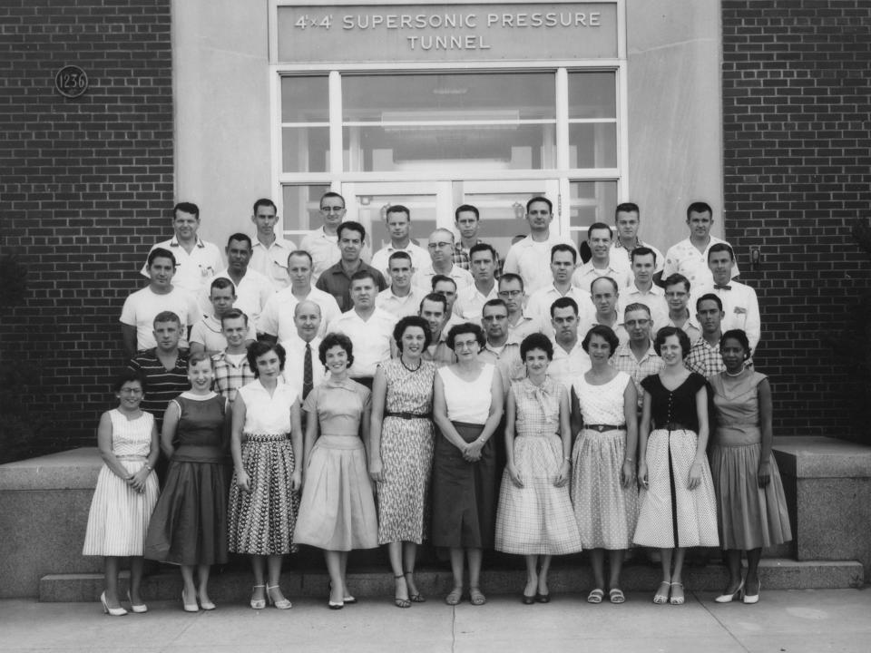 This image showing workers at NASA's Langley Research Center is part of an exhibit called "When the Computer Wore a Skirt: NASA's Human Computers," at the Hampton History Museum in Hampton, Va. The woman on the far right is engineer Mary Jackson, who was portrayed by Janelle Monae in the movie "Hidden Figures." The movie tells the story of African-American women who worked at NASA in the early 1960s. (NASA Langley Research Center via AP)