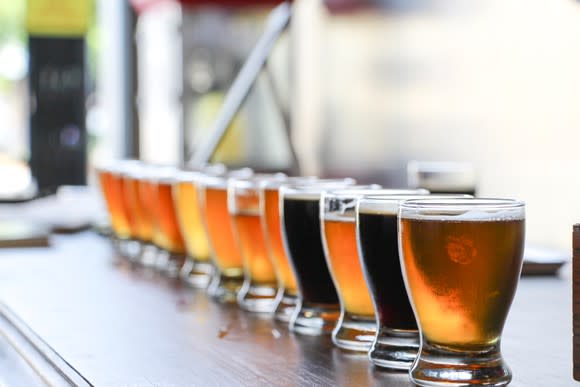 A line of craft beers in a row for a tasting.