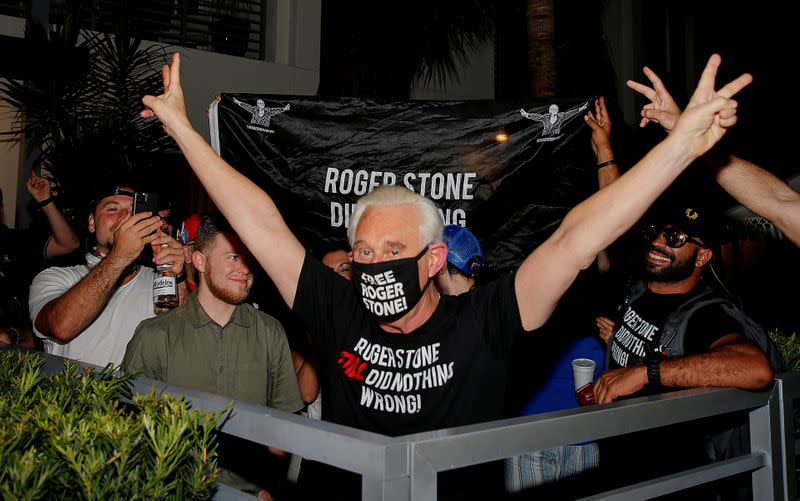 FILE PHOTO: Roger Stone reacts after Trump commuted his federal prison sentence in Fort Lauderdale