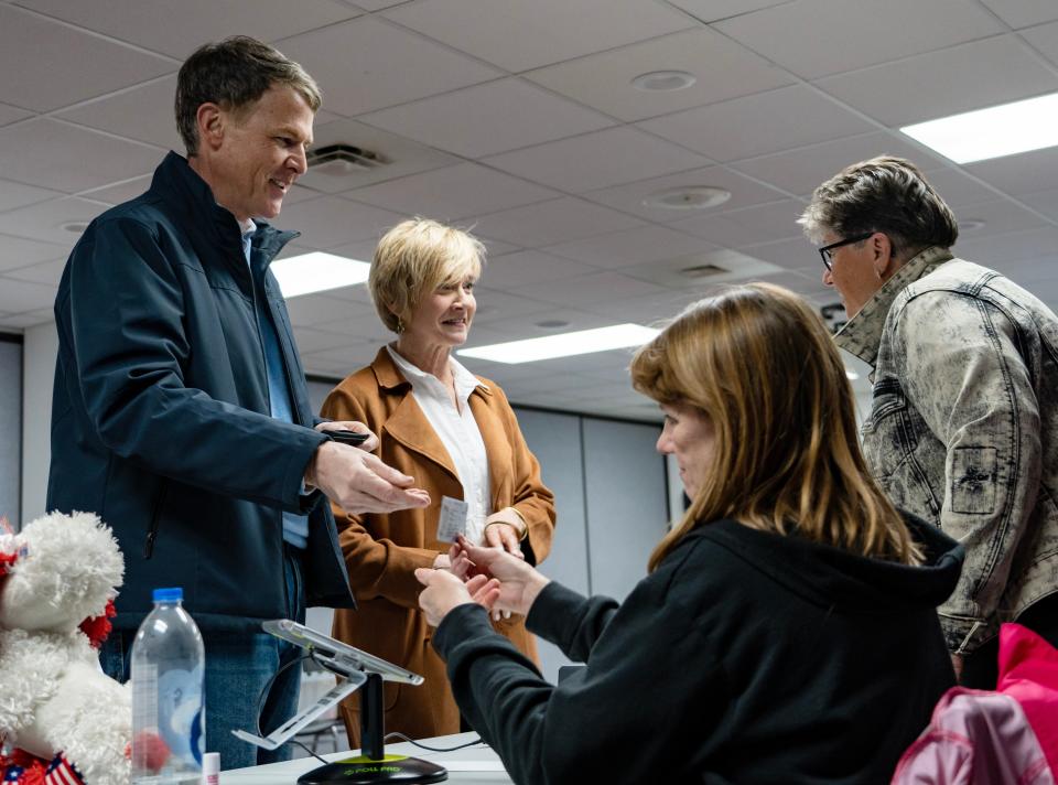 Republican mayoral candidate Jefferson Shreve and his wife Mary Shreve vote Tuesday, May 2, 2023, at the Perry Township Government Center in Indianapolis.