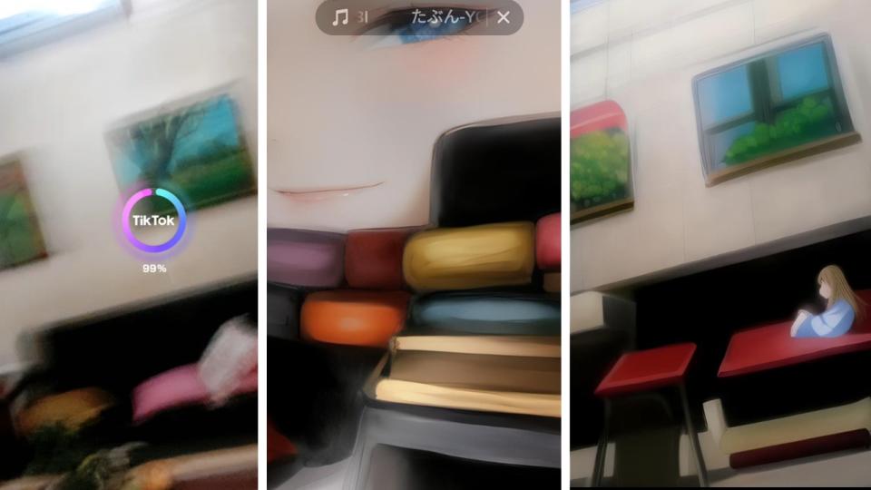 Tiktok AI Manga effect: When I accidentally tapped the screen, it took a blurry picture and gave me a rosy-cheeked AI person on the wall/ceiling, and half a little girl on the right edge of the picture for the second time.  (Photo: Anna Bernardo)
