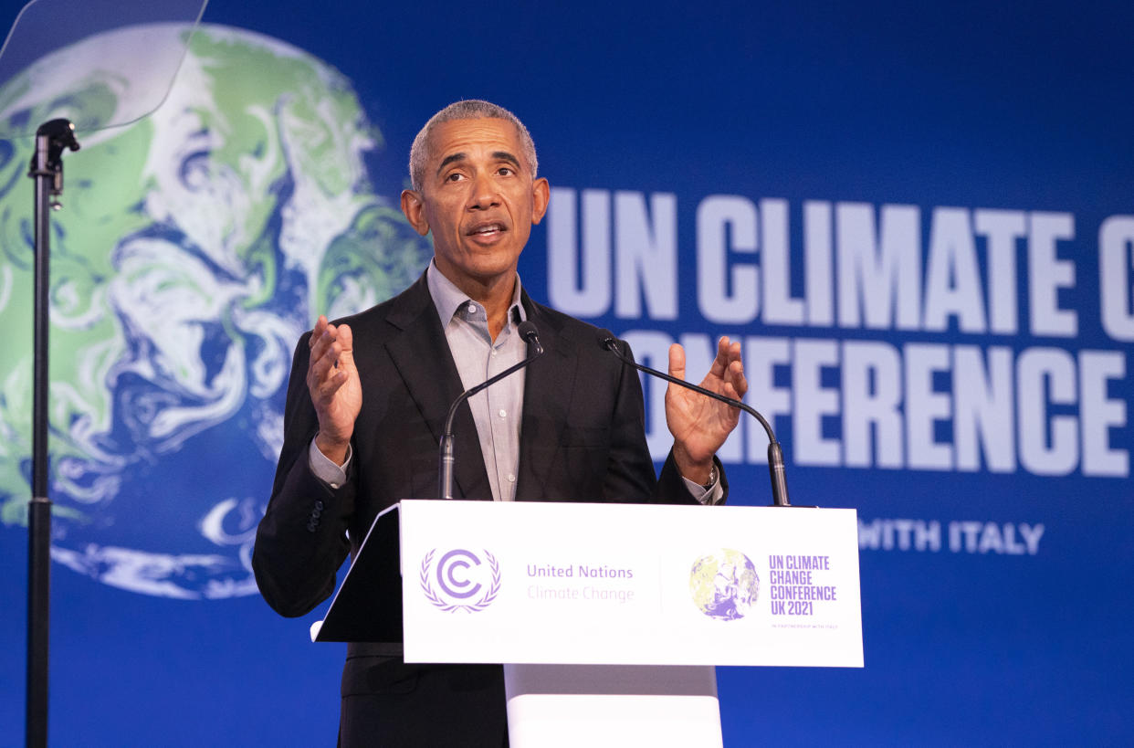 Former U.S. President Barack Obama gestures as he speaks during the COP26 U.N. Climate Summit in Glasgow, Scotland, Monday, Nov. 8, 2021. The U.N. climate summit in Glasgow is entering it’s second week as leaders from around the world, are gathering in Scotland's biggest city, to lay out their vision for addressing the common challenge of global warming.   (Jane Barlow/PA via AP)