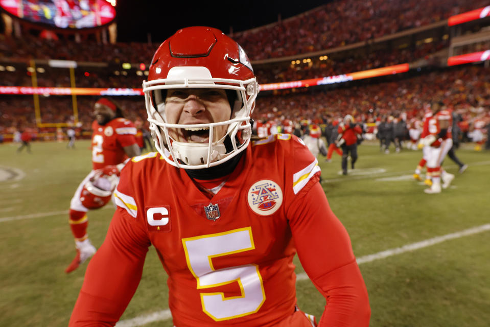 KANSAS CITY, MISSOURI – JANUARY 29: Tommy Townsend #5 of the Kansas City Chiefs celebrates after defeating the <a class="link " href="https://sports.yahoo.com/nfl/teams/cincinnati/" data-i13n="sec:content-canvas;subsec:anchor_text;elm:context_link" data-ylk="slk:Cincinnati Bengals;sec:content-canvas;subsec:anchor_text;elm:context_link;itc:0">Cincinnati Bengals</a> 23-20 in the AFC Championship Game at GEHA Field at Arrowhead Stadium on January 29, 2023 in Kansas City, Missouri. (Photo by David Eulitt/Getty Images)