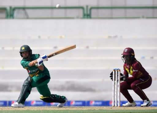 Pakistan's Sana Mir plays a shot during a Twenty20 match against the West Indies. Mir has become the most successful spinner in the history of women's one-day cricket