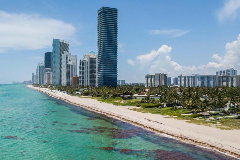 Aerial view of the border between Golden Beach and Sunny Isles Beach.