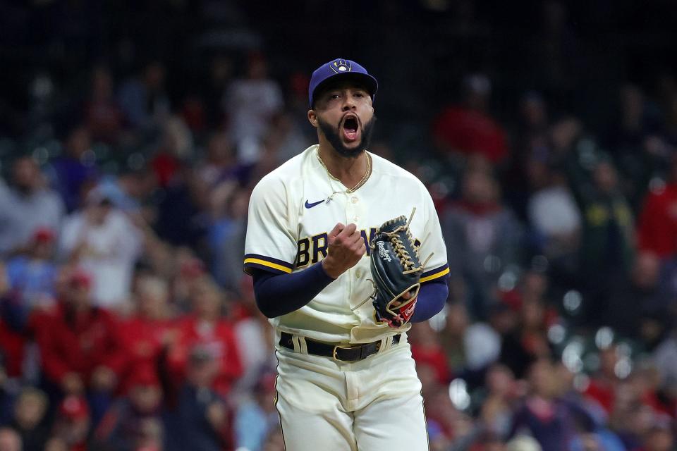 Brewers reliever Devin Williams pumps his fist after ending the Cardinals' half of the eighth inning with a strikeout Wednesday night at American Family Field.