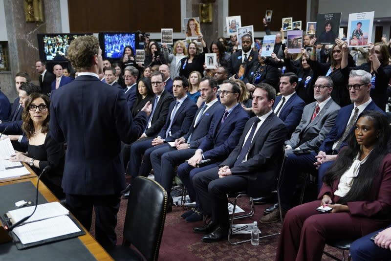 Mark Zuckerberg, founder and CEO of Meta, apologizes to victims and families harmed by online child sexual abuse during a Senate Judiciary Committee at the U.S. Capitol in Washington, D.C., on Wednesday. Photo by Ken Cedeno/UPI