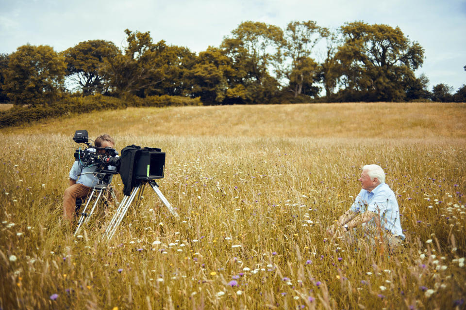 Sir David Attenborough filming in a flower rich meadow in Dorset (BBC/Silverback Films/Alex Board/PA)