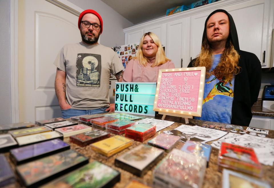 Steve Rector (left), Delaney Smith (center), and Justin Braunagel with Push and Pull Records, an independent record label in Springfield. 