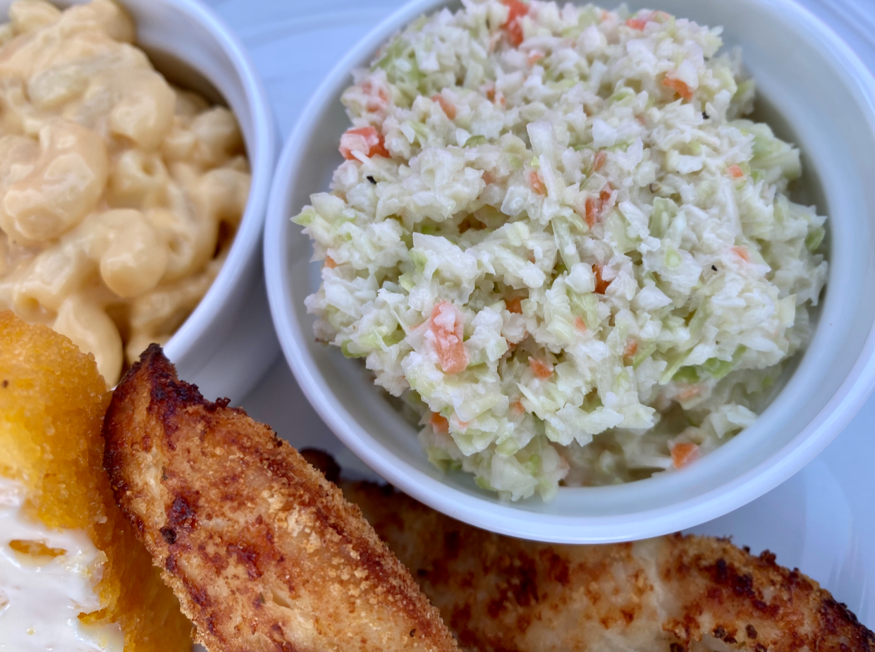 Combined with mac and cheese, cornbread and air-fried fried chicken, my KFC coleslaw made the perfect dinner. (Terri Peters)