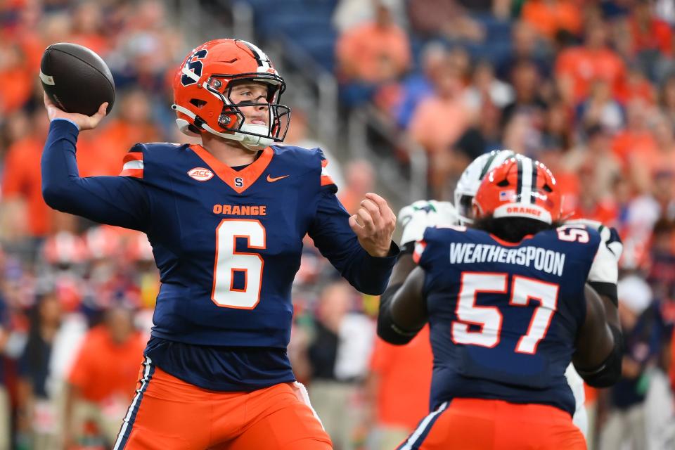 Aug 31, 2024; Syracuse, New York, USA; Syracuse Orange quarterback Kyle McCord (6) passes the ball against the Ohio Bobcats during the first half at the JMA Wireless Dome. Mandatory Credit: Rich Barnes-USA TODAY Sports