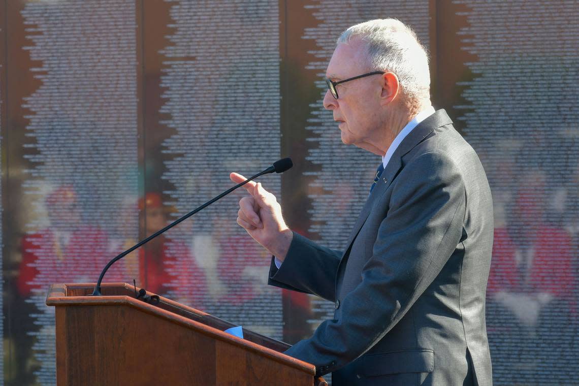 Retired U.S. Army Gen. Barry McCaffrey gives the keynote address for the new Dignity Memorial Vietnam Wall, which was dedicated March 29, 2024, at the National Infantry Museum in Columbus, Georgia.