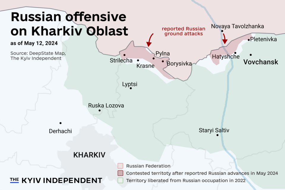 Map of Russia's offensive in Kharkiv Oblast as of May 12, 2024. (Lisa Kukharska / The Kyiv Independent)