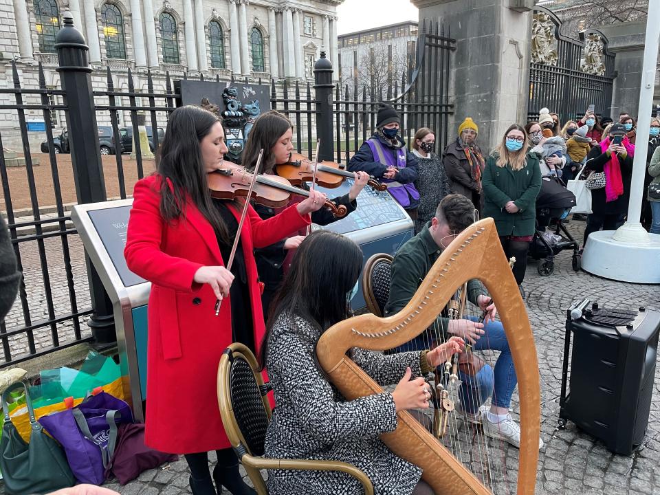 Young musicians play at the Belfast vigil for Ashling Murphy (Jonathan McCambridge/PA)