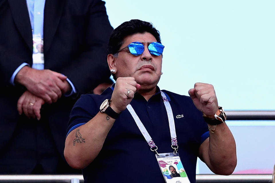 KAZAN, RUSSIA – JUNE 30: Former Argentina player and manager Diego Maradona looks on from the crowd during the 2018 FIFA World Cup Russia Round of 16 match between France and Argentina at Kazan Arena on June 30, 2018 in Kazan, Russia. (Photo by Chris Brunskill/Fantasista/Getty Images)