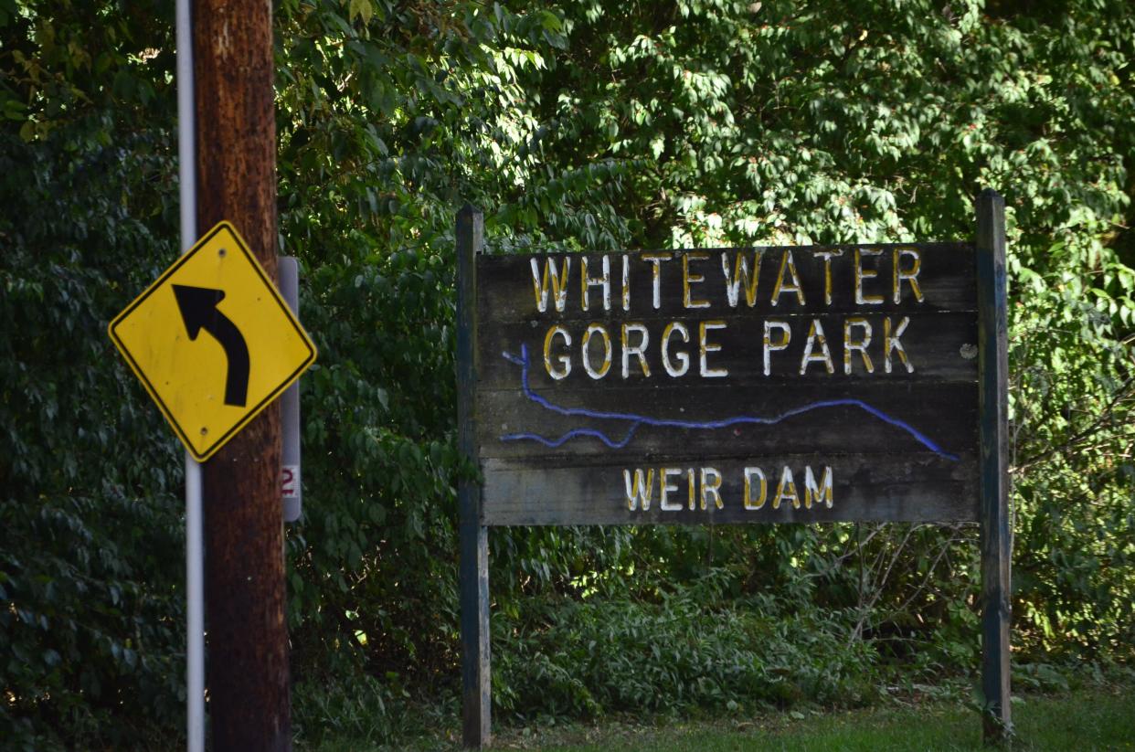 A sign on the side of the road indicating Weir Dam on Oct. 4, 2023. Richmond city crews just recently finished the deconstruction of the dam.