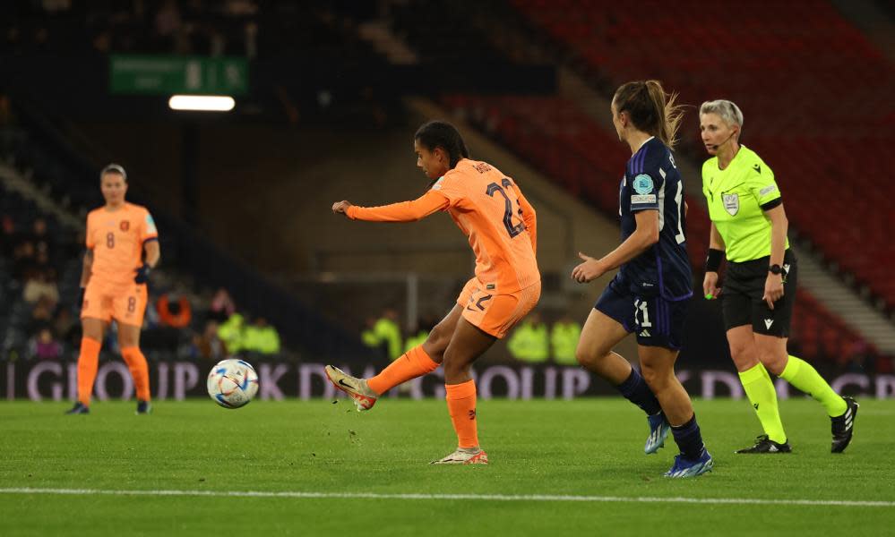 Esmee Brugts scores the only goal of the game for the Netherlands at Hampden Park.