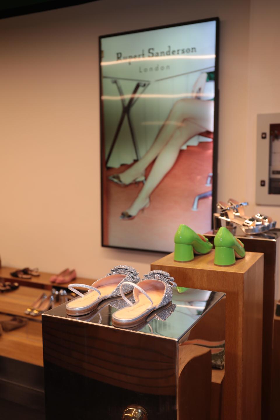 Shoes on plinths at Rupert Sanderson’s new store on Great Portland Street.