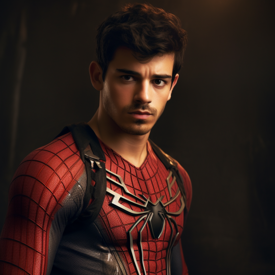 mashup of his face and he's wearing the spiderman uniform