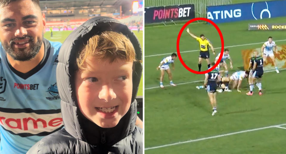Pictured left to right, 13-year-old NRL fan Marley Angelo and Cronulla playing the Gold Coast.