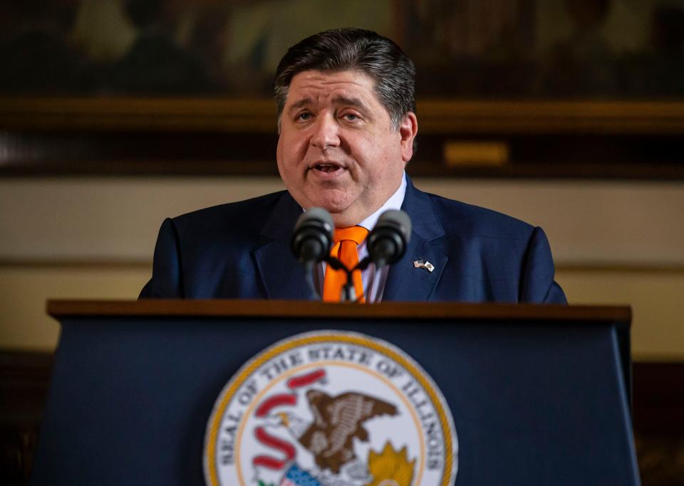 Illinois Gov. JB Pritzker praises the budget passed by the lawmakers during a news conference in his office at the Illinois State Capitol in Springfield, Ill., Tuesday, June 1, 2021.