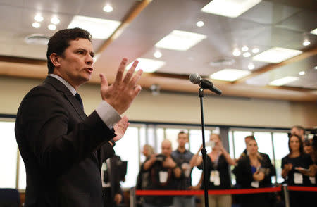 Brazilian federal judge Sergio Moro talks to journalists, as he arrives for the wake of the Brazilian Supreme Court Justice Teori Zavascki, in Porto Alegre, Brazil, January 21, 2017. REUTERS/Diego Vara