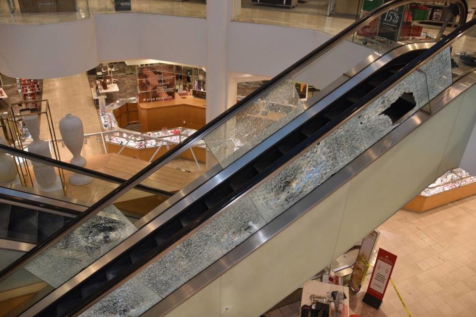 Shattered glass escalators at the scene of an October 2021 shooting at the Boise Towne Square Mall. One of the shooting’s victims, Roberto Padilla Arguelles, was shot on an escalator.