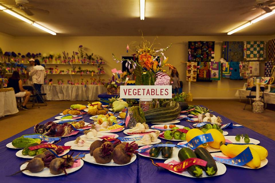 EAST FALMOUTH - 07/20/21 -- Award-winning vegetables are displayed at the Barnstable County Fair on Tuesday night.