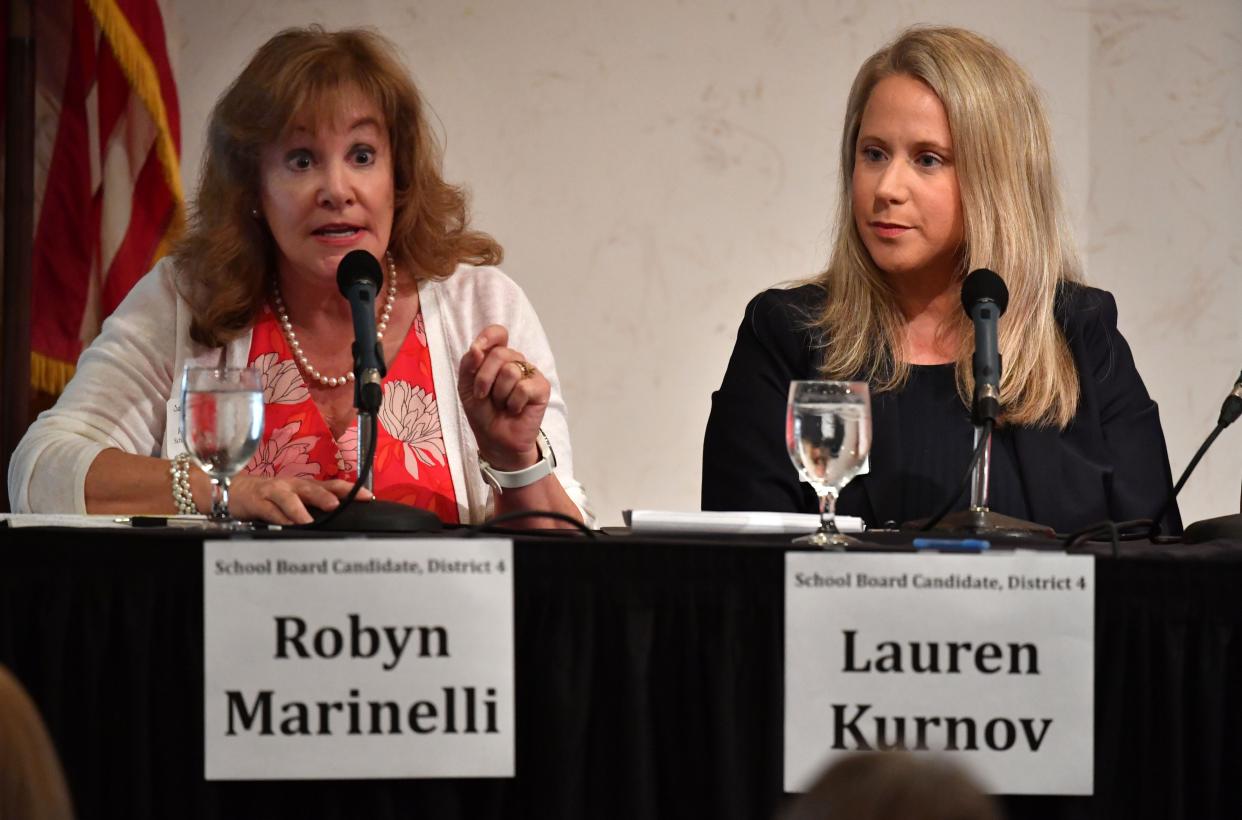 School Board candidate Lauren Kurnov, right, participates in a panel at a Tiger Bay Club lunch June 2. Another candidate, Robyn Marinelli, is at left.