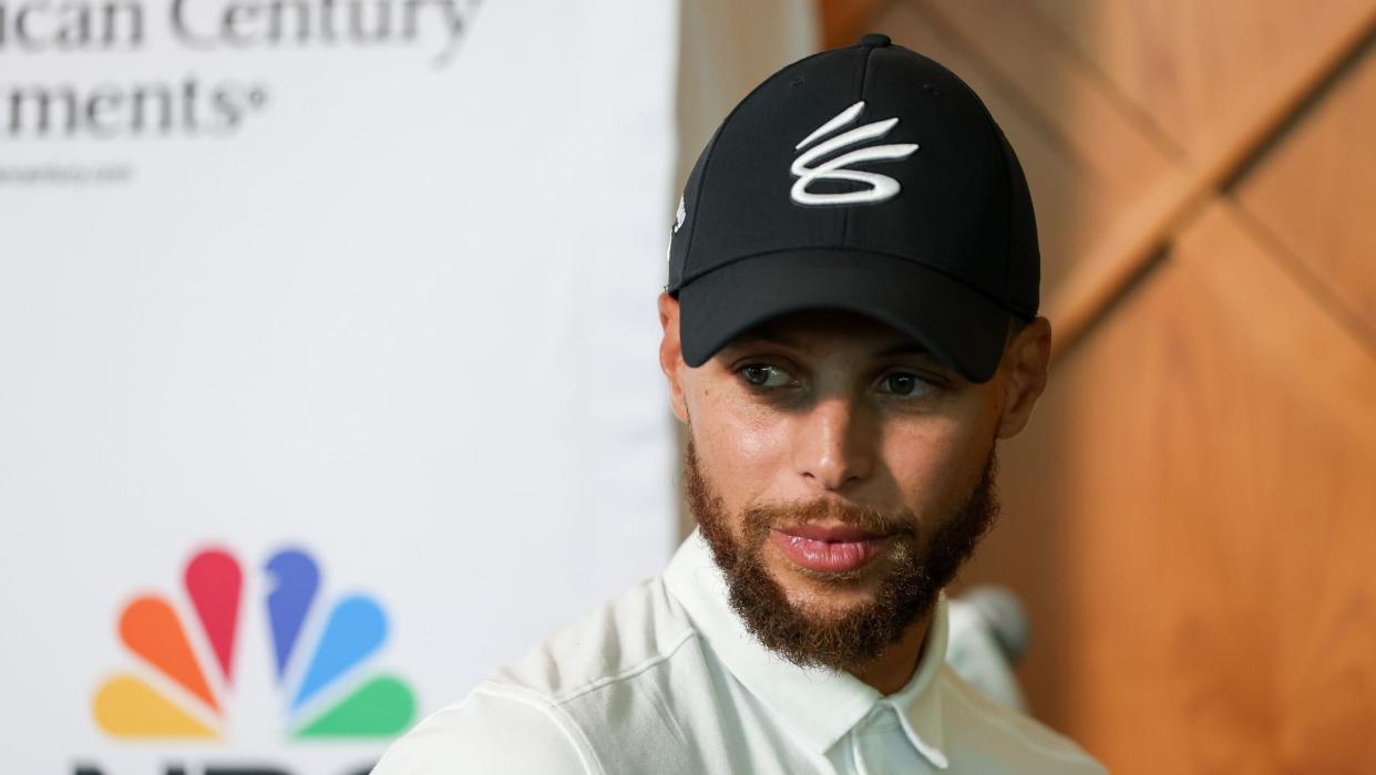 Stephen Curry of the NBA Golden State Warriors looks on after a press conference on Day One of the 2023 American Century Championship at Edgewood Tahoe Golf Course on July 14, 2023 in Stateline, Nevada.