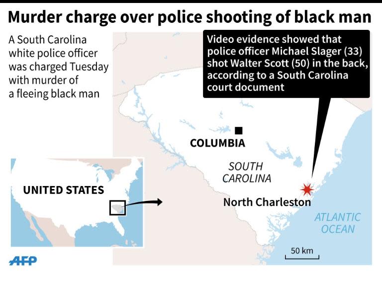 Map of US state of South Carolina showing where a white police officer was charged Tuesday with murder of a fleeing black man