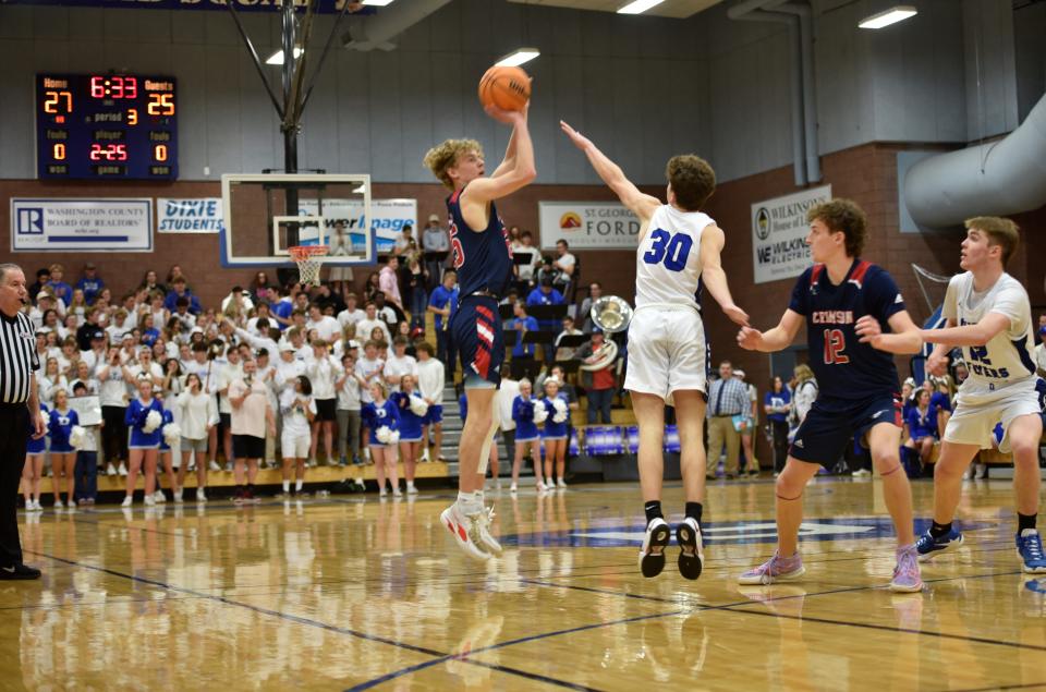 Hudson Hawes cashes in on a three to put Crimson Cliffs on top 28-27 over Dixie early in the third quarter. Hawes had 27 points with 20 coming in the second half and overtime.