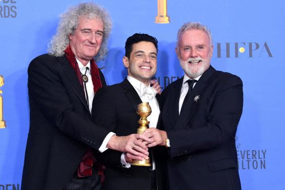 Rami Malek, Brian May and Roger Taylor of Queen pose in the press room during the 76th Annual Golden Globe Awards at The Beverly Hilton Hotel on 6 January, 2019 in Beverly Hills, California. (Photo by Kevin Winter/Getty Images)