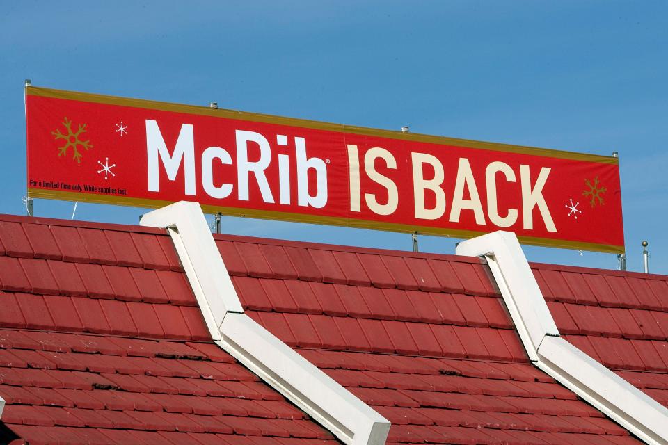 A McRib sign is seen at a McDonald's restaurant on Nov. 3, 2010 in San Francisco, California. The sandwich arrived on the menu for the first time since 1994. It was first introduced in 1981.