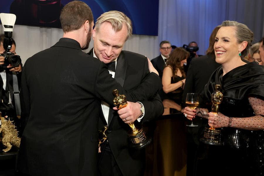 Christopher Nolan and Emma Thomas, who won Best Picture for “Oppenheimer,” feel lots of love at the Governors Ball after the 96th Annual Academy Awards at Dolby Theatre in Hollywood. (Mike Coppola/Getty Images)