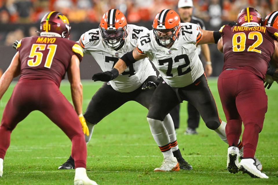 Cleveland Browns offensive tackle Dawand Jones (74) blocks during a preseason game against the Washington Commanders on Aug. 11 in Cleveland.