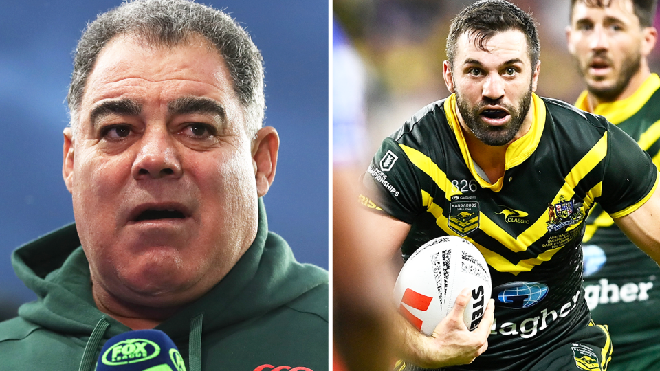 Kangaroos coach Mal Meninga (pictured) has hinted he is considering whether James Tedesco (pictured right) will remain captain. (Getty Images)