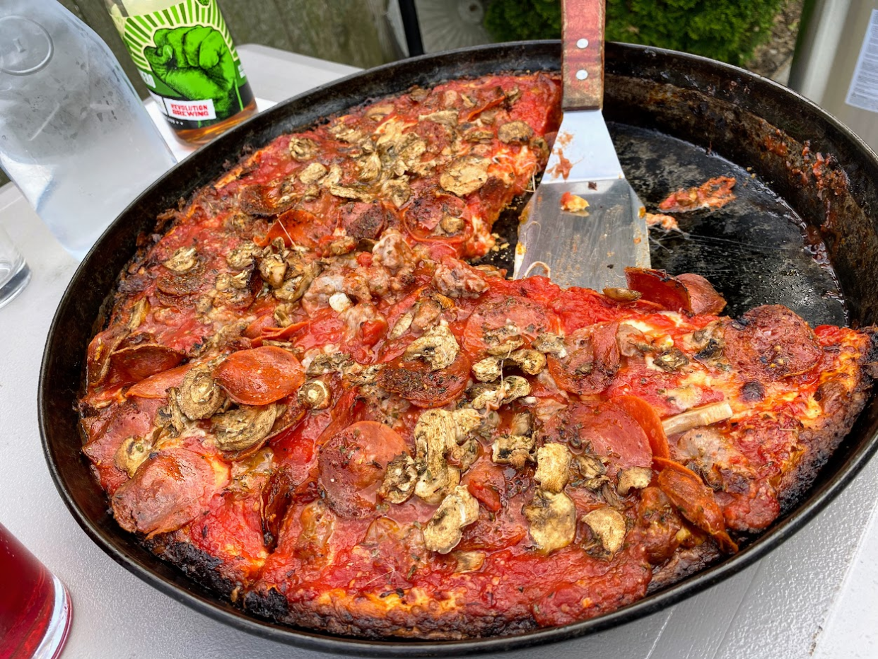 A deep dish pizza in Chicago