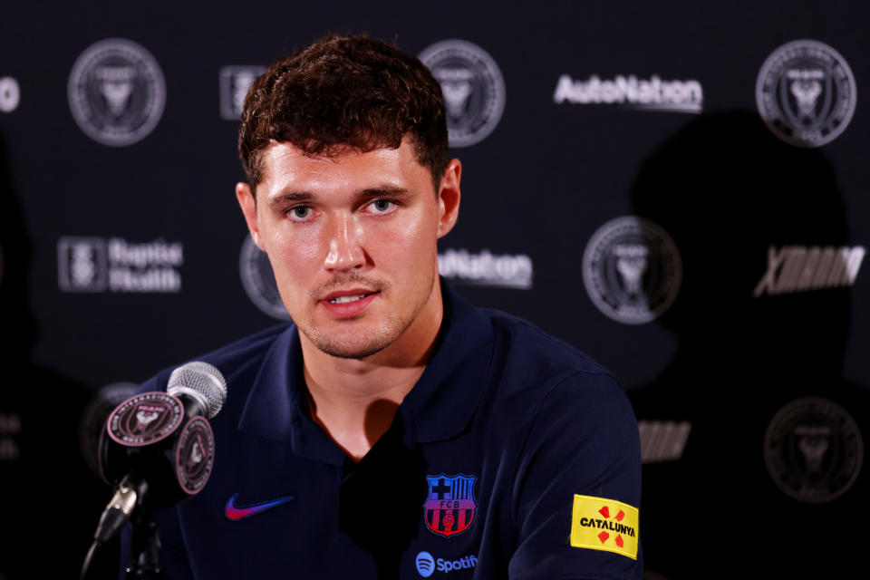 FORT LAUDERDALE, FLORIDA - JULY 18: Andreas Christensen of FC Barcelona fields questions from the media during a press conference ahead of the preseason friendly against Inter Miami CF at DRV PNK Stadium on July 18, 2022 in Fort Lauderdale, Florida. (Photo by Michael Reaves/Getty Images)