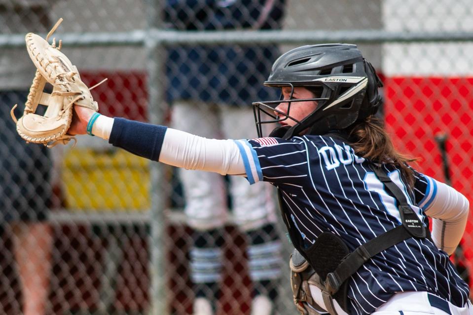 John Jay East Fishkill catcher Morgan Doughty during the Bisaccia Softball Tournament in Wappingers Falls, NY on Saturday, April 27, 2024.