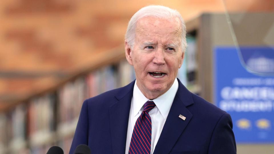 PHOTO: President Joe Biden speaks at the Culver City Julian Dixon Library in Culver City, Calif., on Feb. 21, 2024. (Allison Dinner/EPA via Shutterstock)