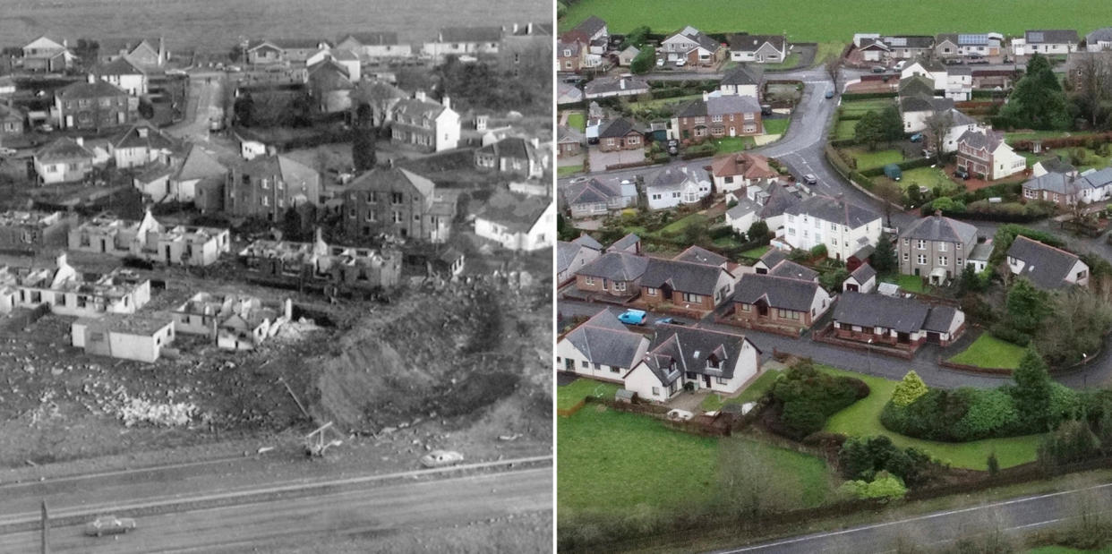 The crash scene of the Lockerbie bombing, from left; 1988, and 2018.  (PA Images via AP file)